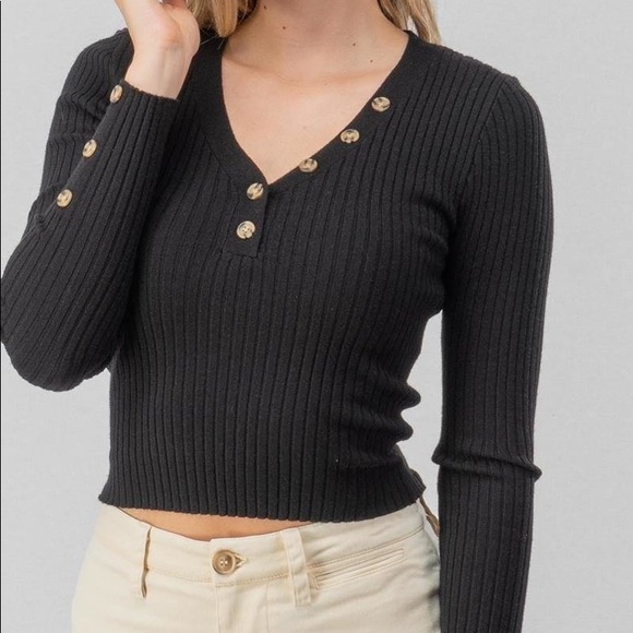 Black Button Ribbed Long Sleeve Sweater - Picture 2 of 2